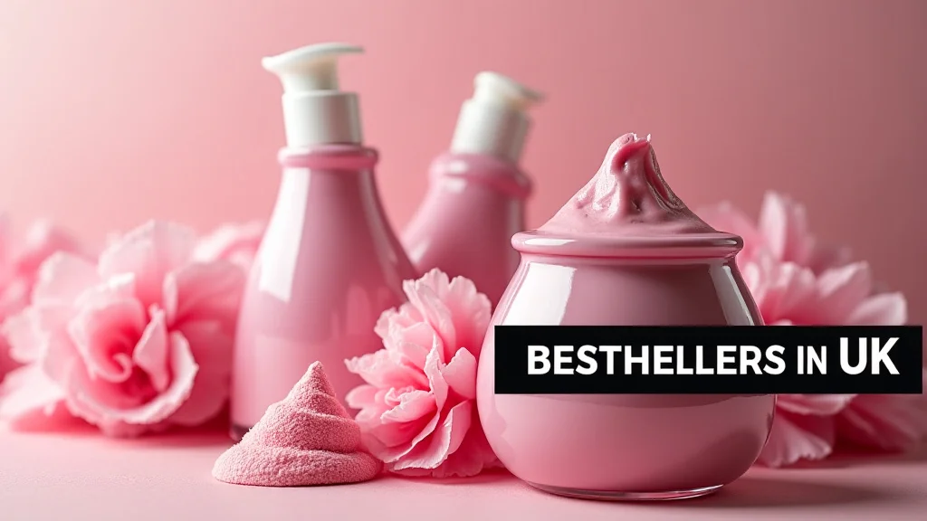 This image shows a collection of popular beauty products, highlighting UK bestsellers in skincare and makeup.